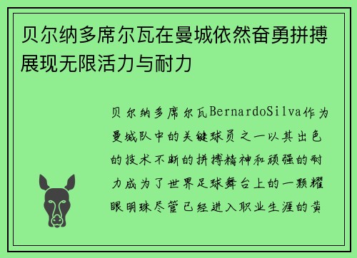贝尔纳多席尔瓦在曼城依然奋勇拼搏展现无限活力与耐力 贝尔纳多席尔瓦在曼城依然奋勇拼搏展现无限活力与耐力